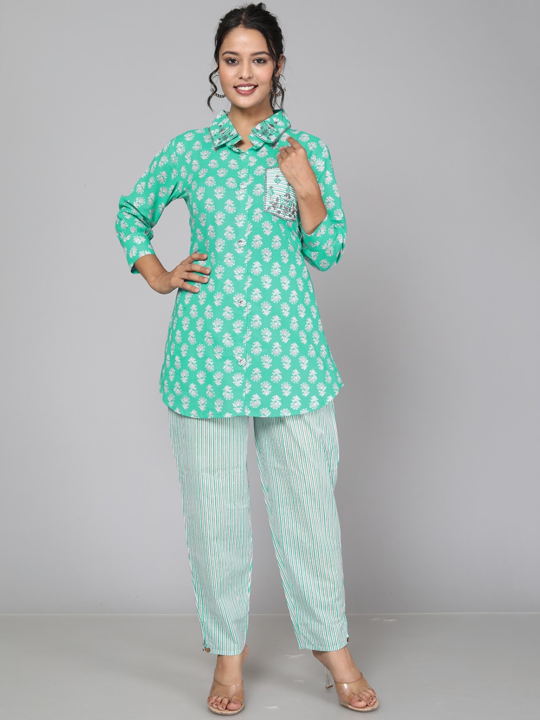 

JC4U Floral Printed Shirt Collar Pure Cotton Kurta & Trousers, Sea green