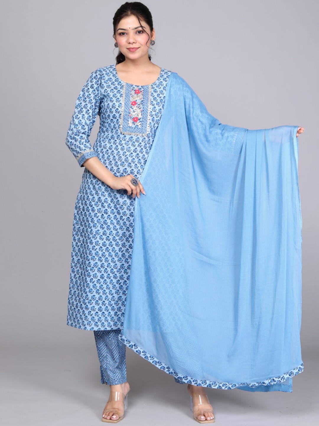 

JC4U Floral Printed Pure Cotton Kurta With Trousers & Dupatta, Blue