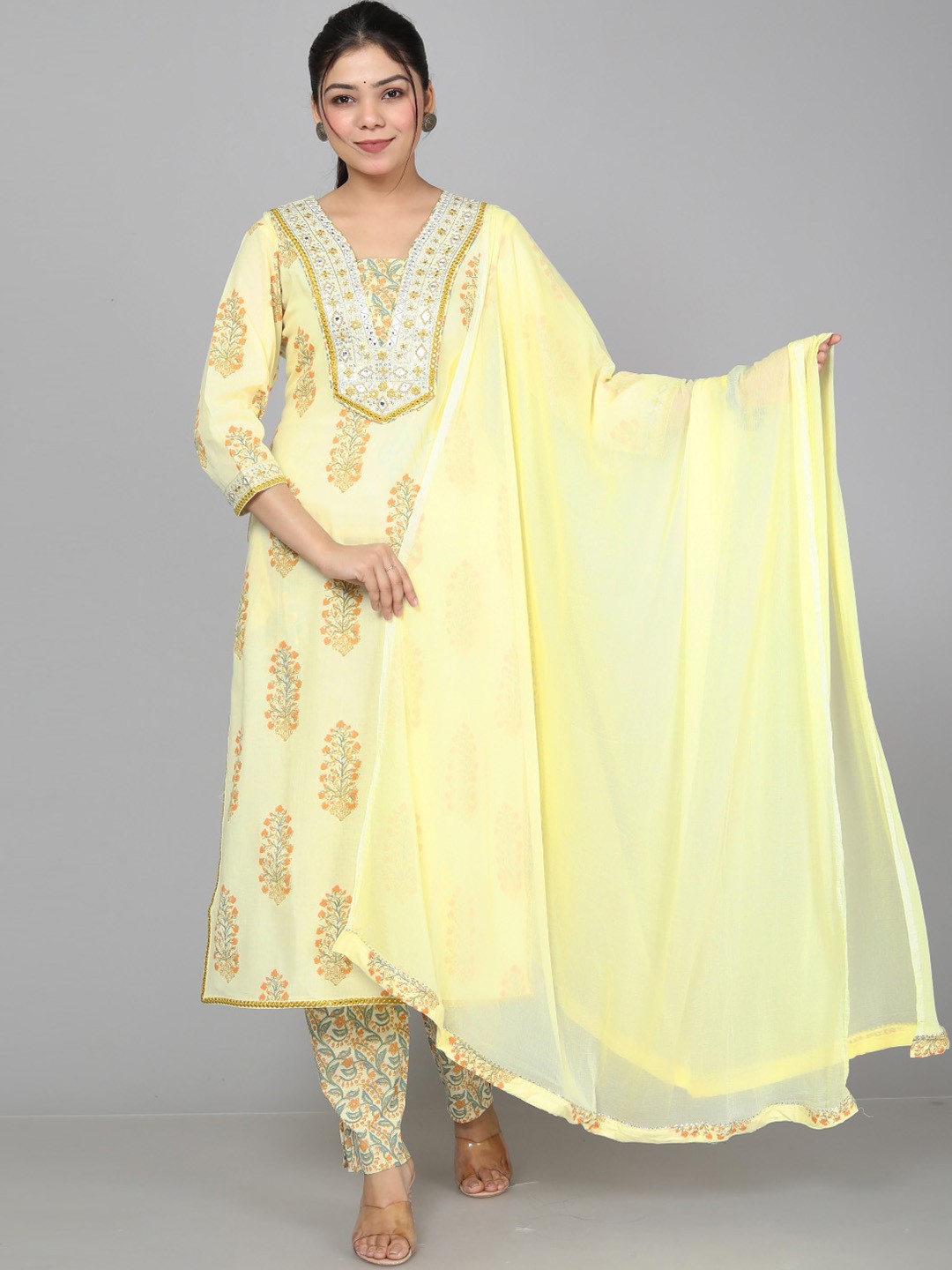

JC4U Floral Printed Pure Cotton Kurta With Trousers & Dupatta, Yellow
