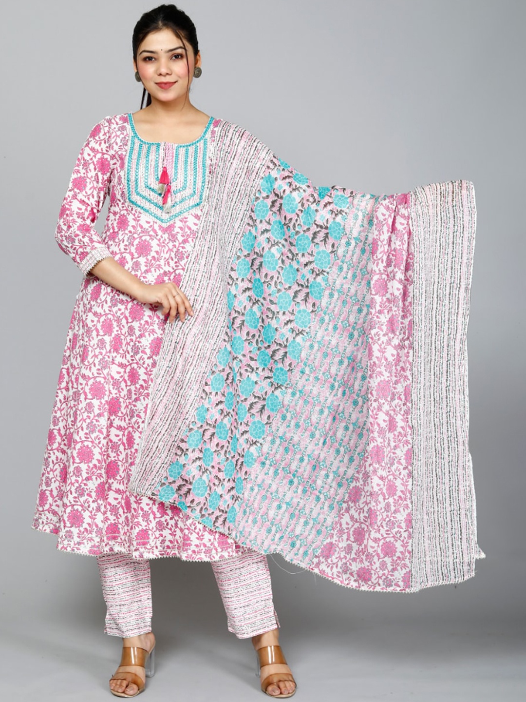 

JC4U Floral Printed Pure Cotton Kurta With Trousers & Dupatta, Pink