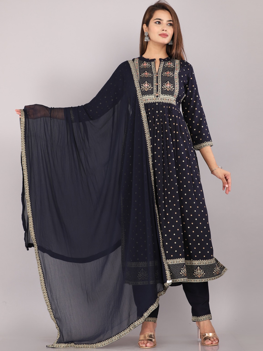 

JC4U Ethnic Motifs Printed Regular Thread Work Kurta With Trousers & Dupatta, Navy blue