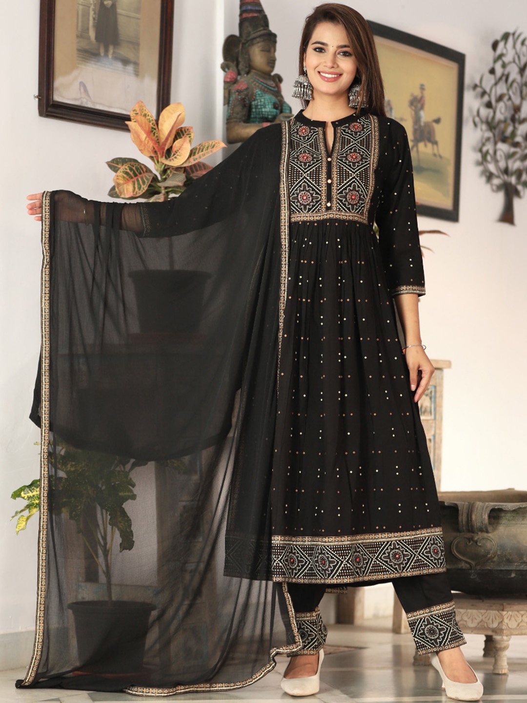 

JC4U Ethnic Motifs Printed Regular Thread Work Kurta With Trousers & Dupatta, Black