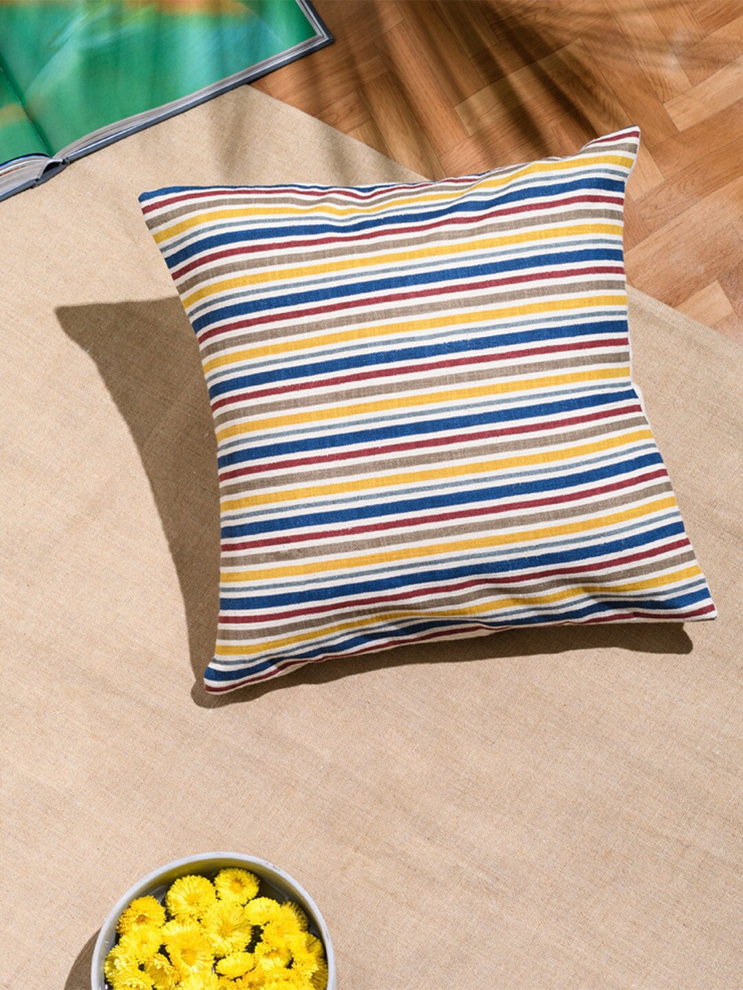

Fabindia Red & Blue Striped Block Print Cotton Square Cushion Cover