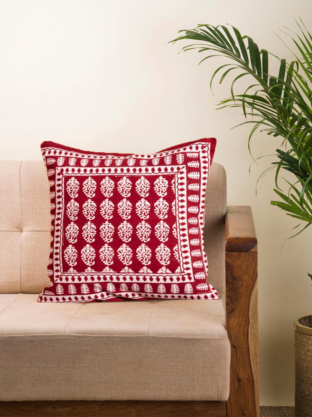 

Fabindia Red & Beige Ethnic Motifs Bagh Printed Cotton Square Cushion Cover