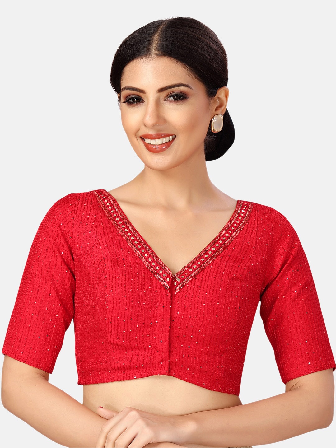 

Studio Shringaar Embroidered Sequinned V-Neck Saree Blouse, Red