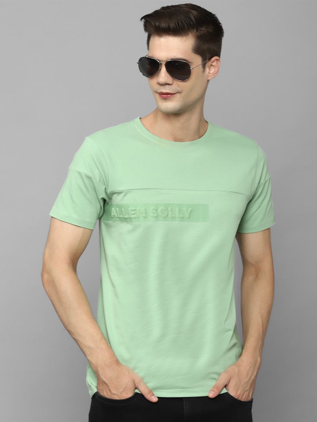 Allen Solly Slim Fit Typography Printed Pure Cotton T-shirt, Green