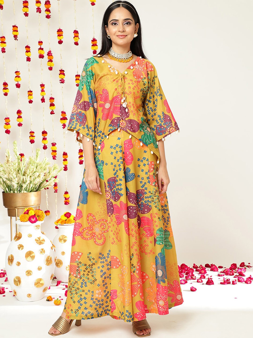 

Varanga Floral Printed Top & Palazzo Co-Ords, Mustard