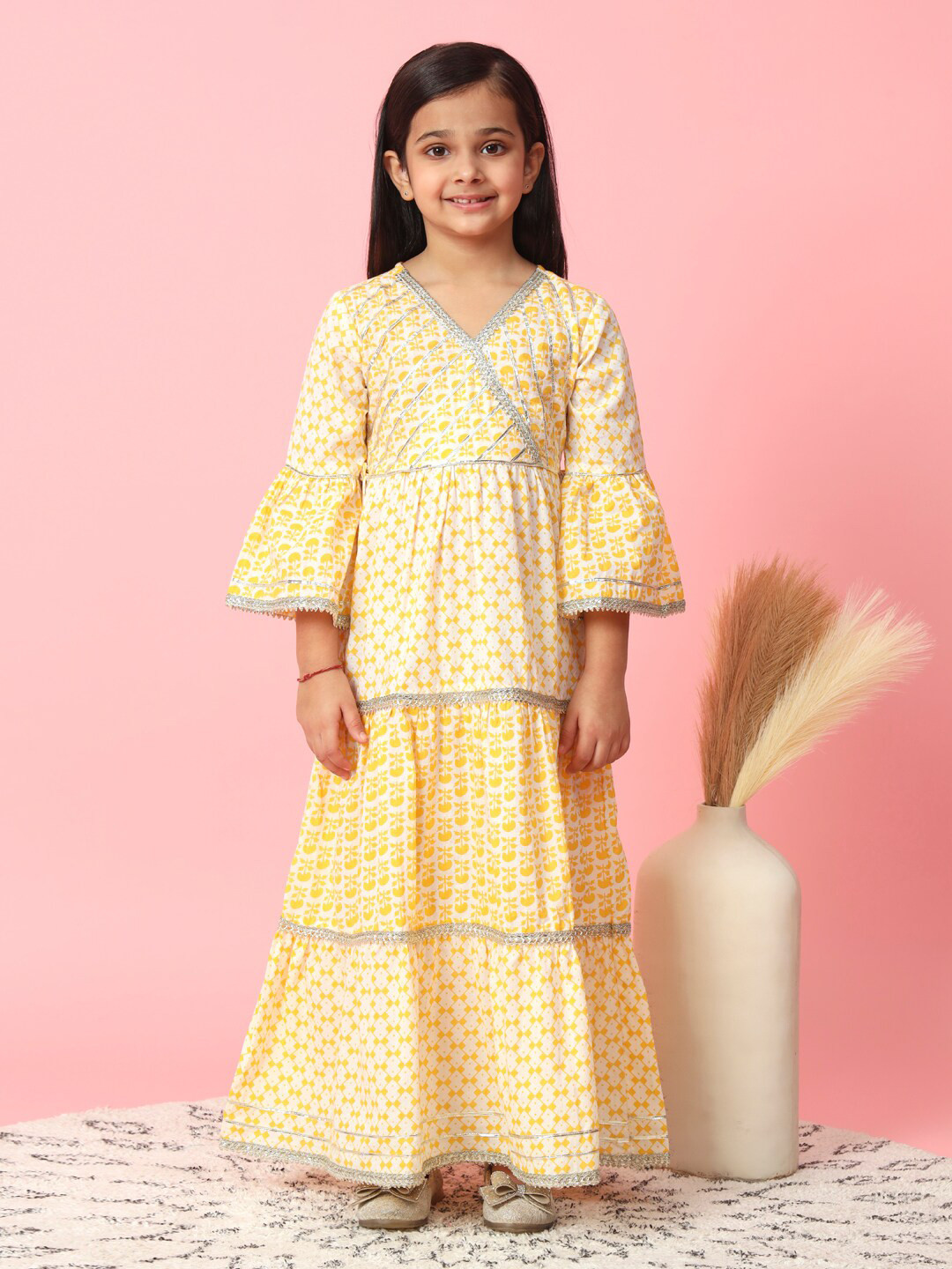 

Readiprint Fashions Girls Ethnic Motifs Printed Tiered Cotton Maxi Dress, Yellow