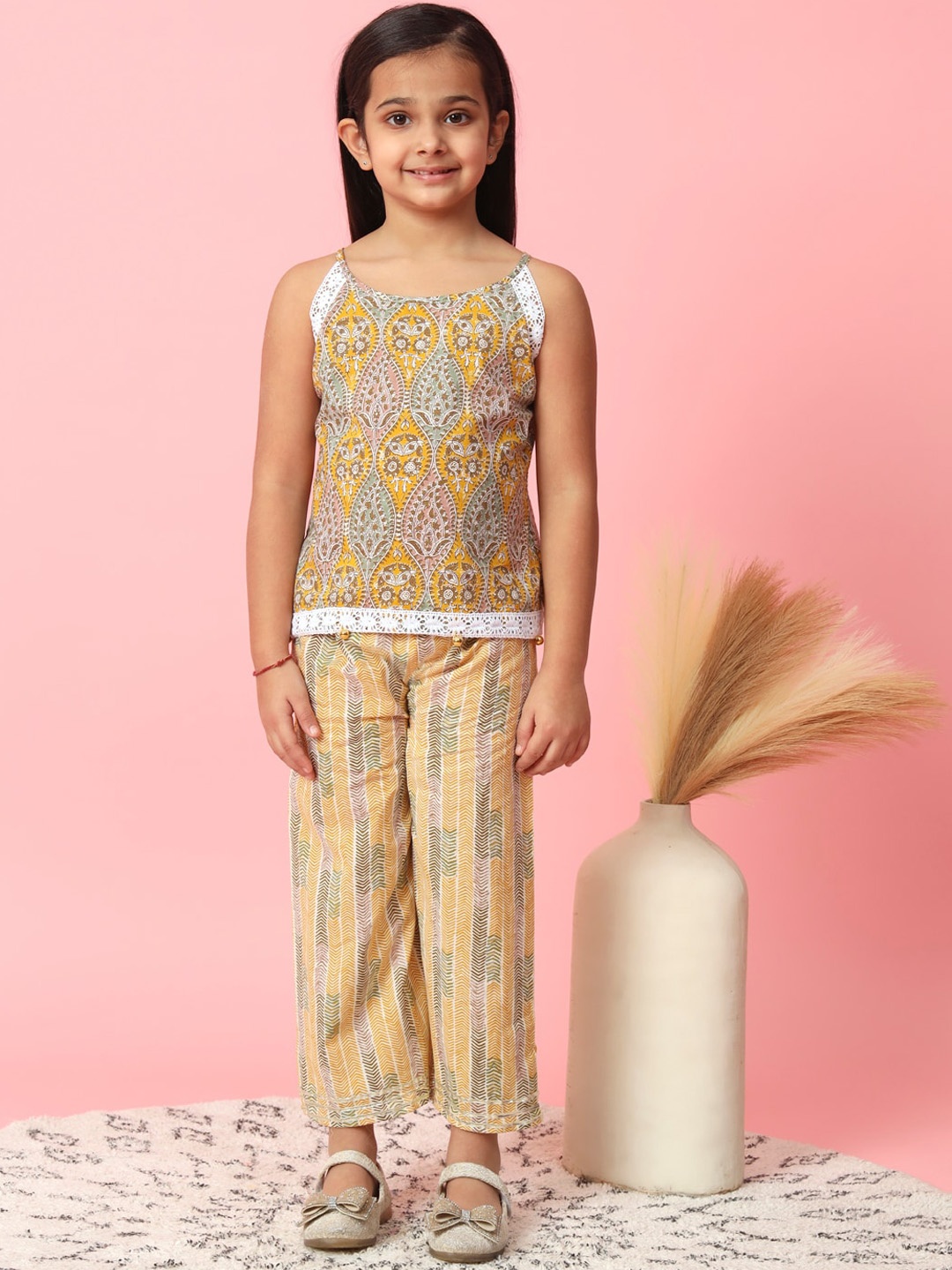 

Readiprint Fashions Girls Printed Pure Cotton Top with Trousers, Mustard