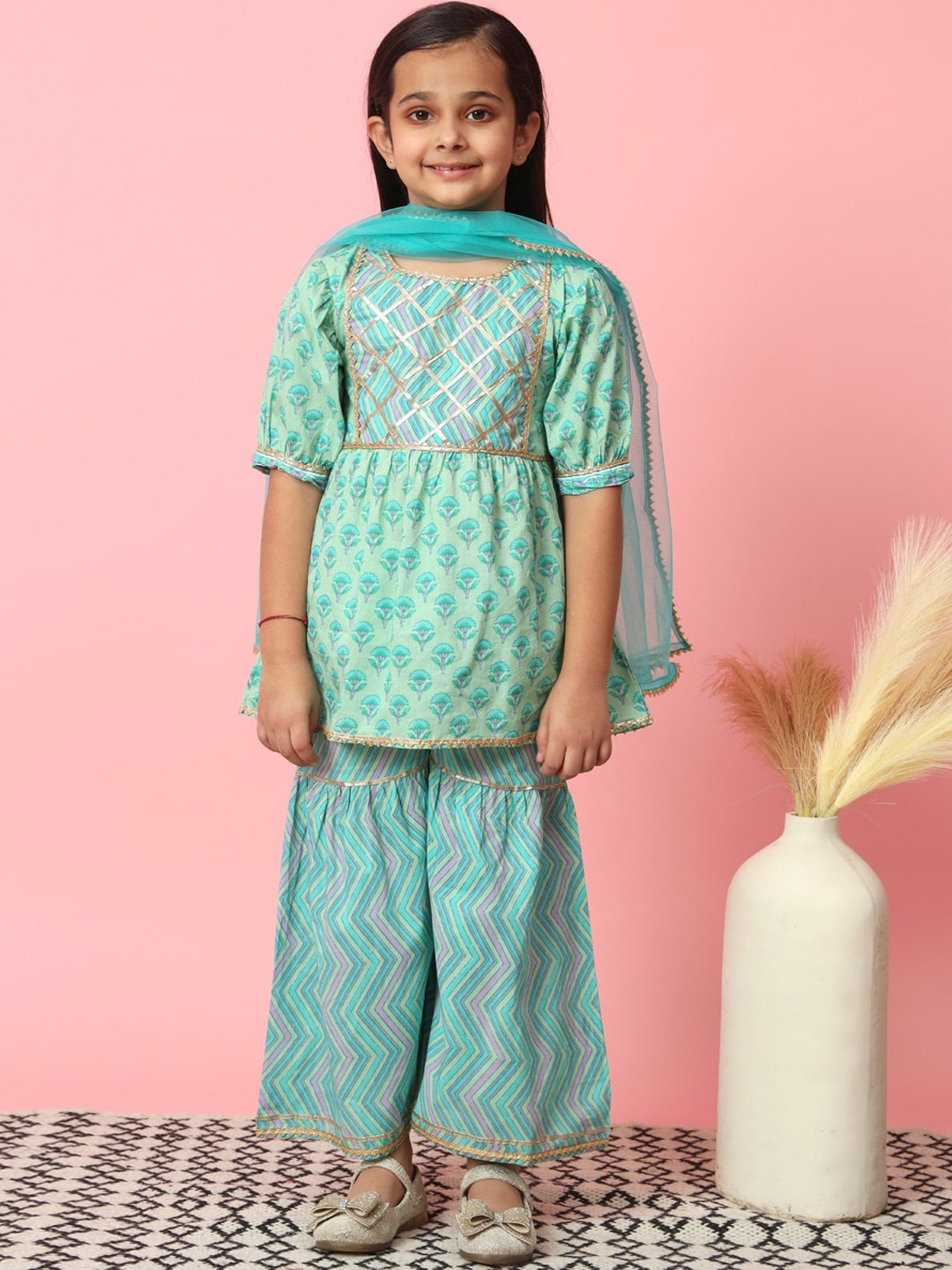 

Readiprint Fashions Girls Printed Pure Cotton A-Line Kurta With Sharara & Dupatta, Green