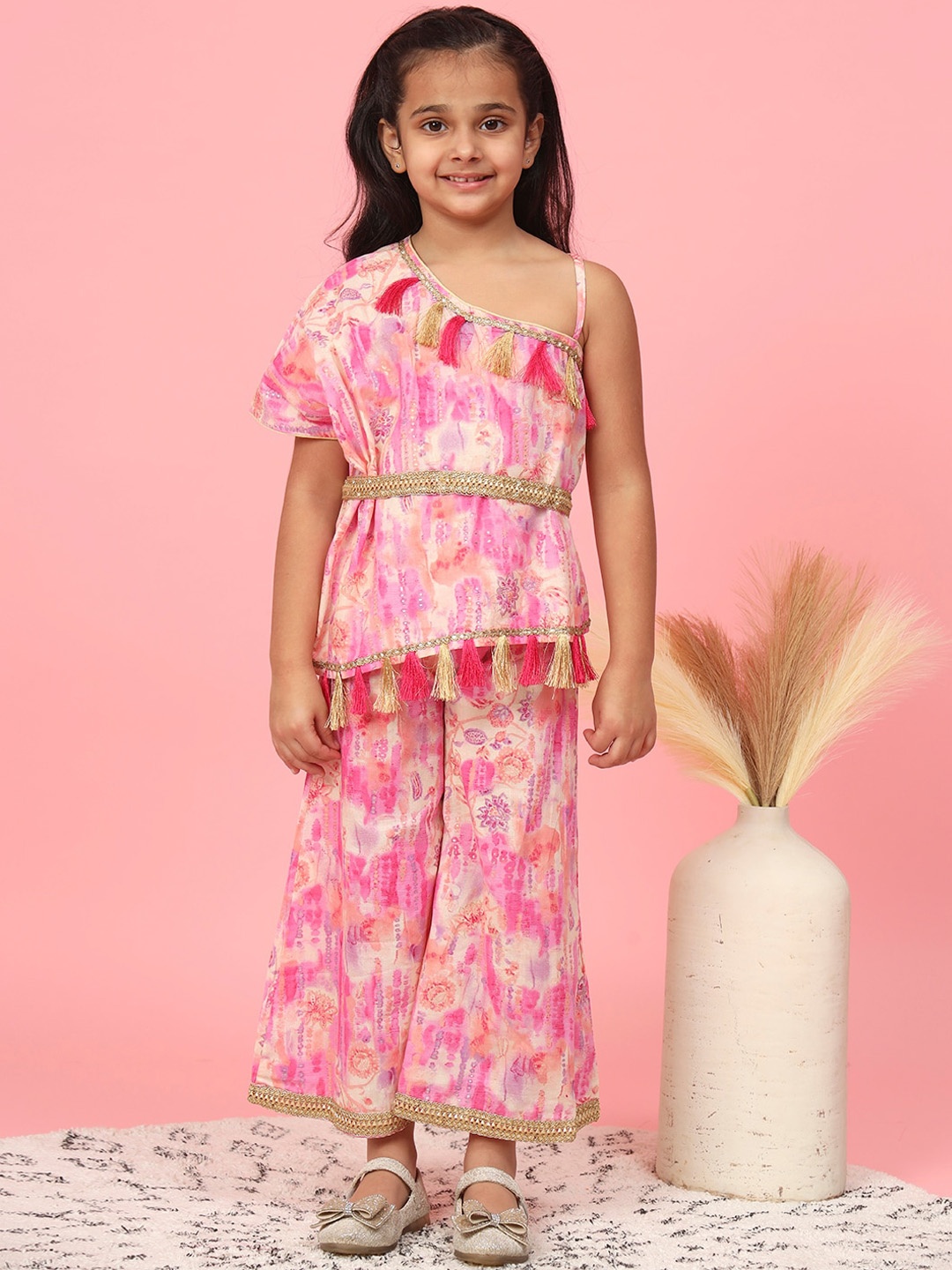 

Readiprint Fashions Girls Printed Pure Cotton One Shoulder Gotta Patti Top With Palazzos, Pink