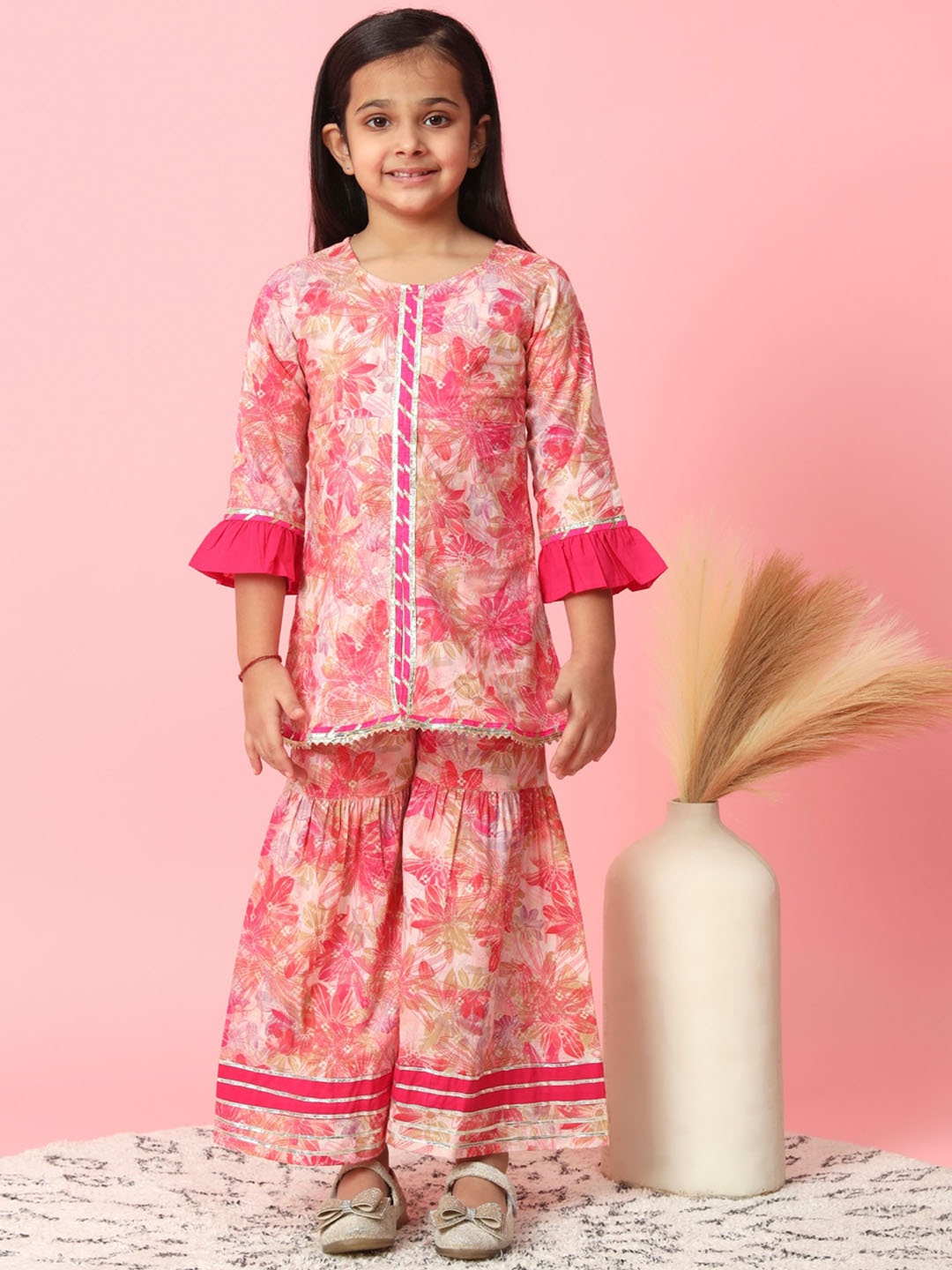 

Readiprint Fashions Girls Floral Printed Pure Cotton A-Line Kurti With Sharara, Pink