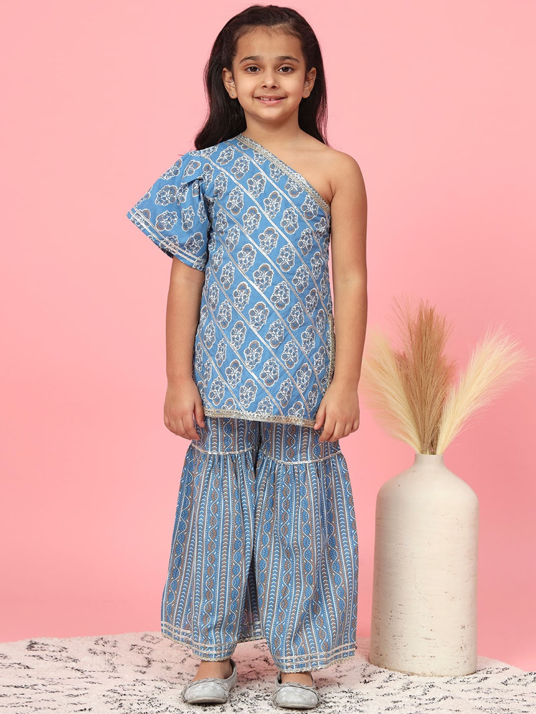 

Readiprint Girls Ethnic Motifs Printed Gotta Patti Pure Cotton Kurta with Sharara, Blue