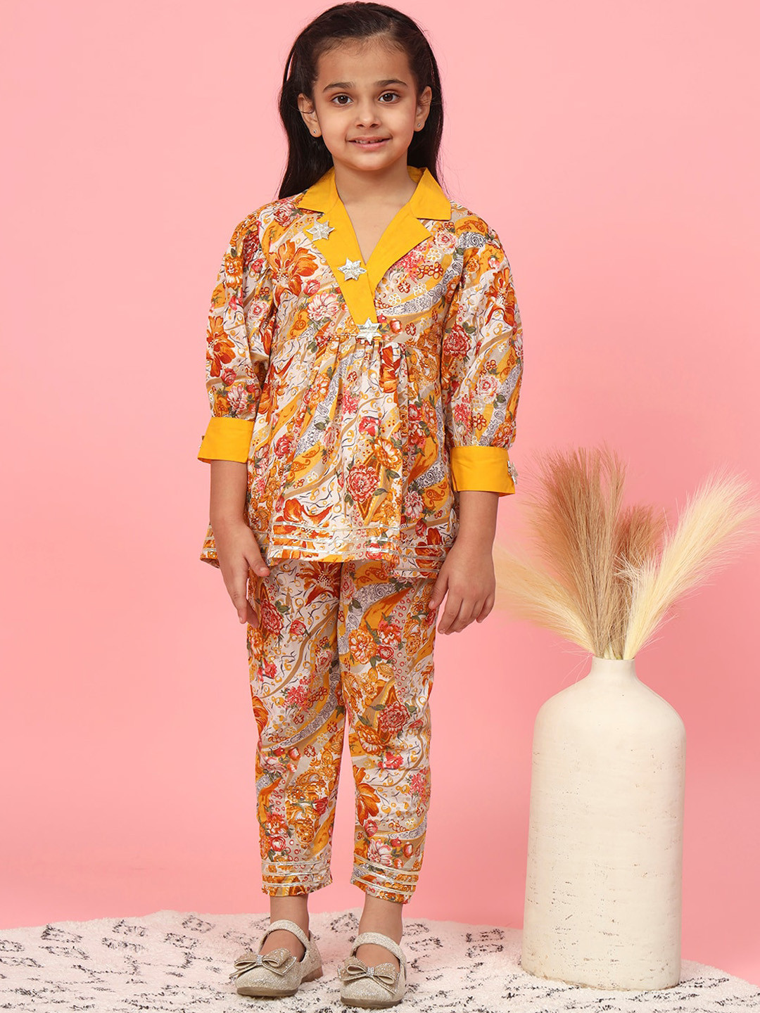 

Readiprint Infant Girls Floral Print Gotta Patti Pure Cotton Kurti with Trousers, Mustard