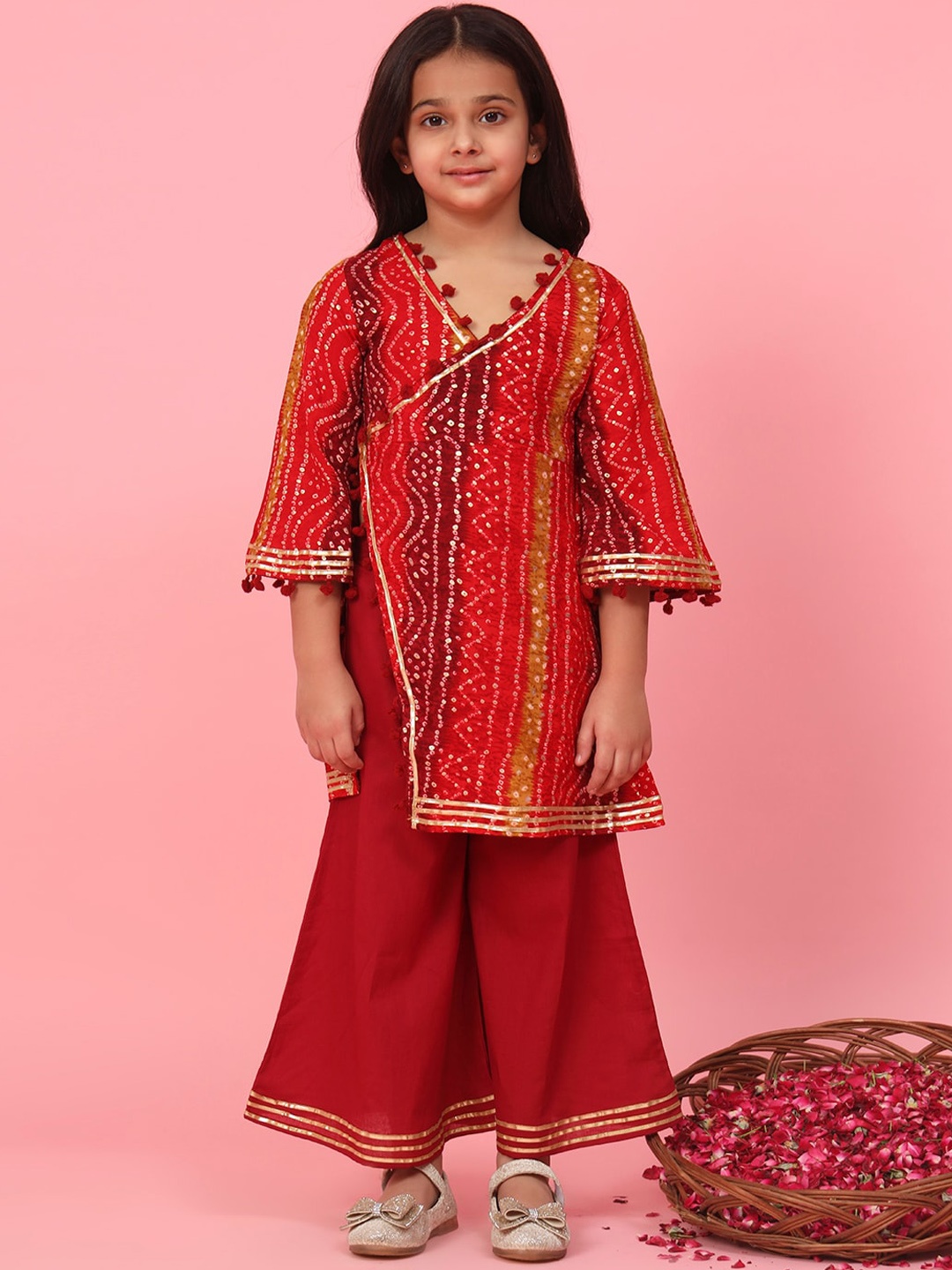 

Readiprint Fashions Girls Bandhani Printed Angrakha Gotta Patti Kurta With Palazzos, Maroon