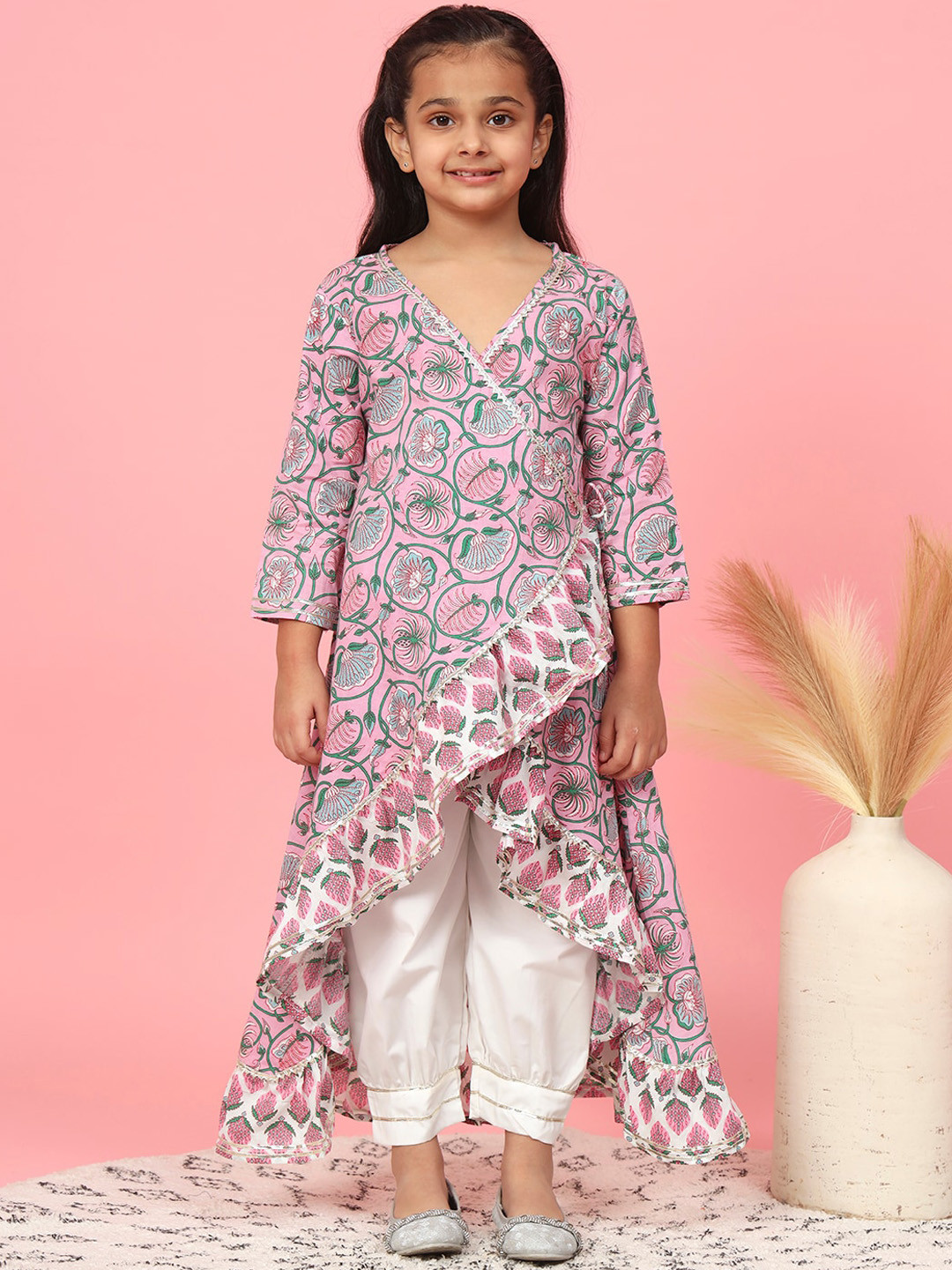 

Readiprint Fashions Girls Floral Printed V-Neck Gotta Patti Pure Cotton Kurta With Salwar, Pink