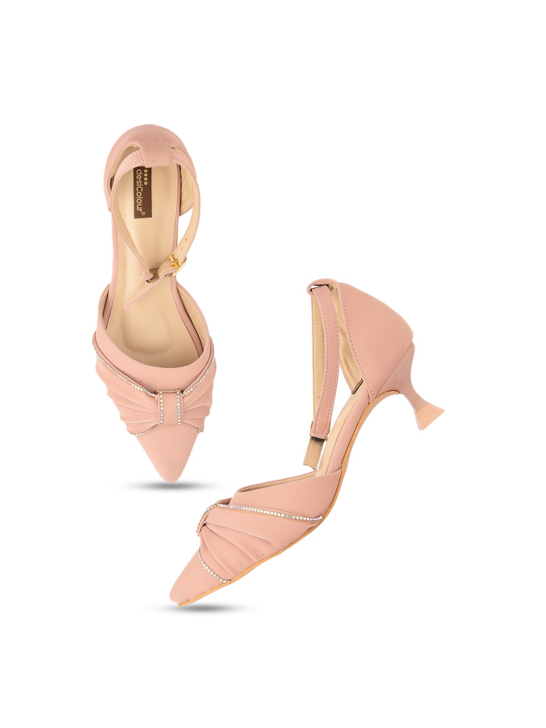 

DESI COLOUR Embellished Pointed Toe Kitten Heel Pumps, Peach