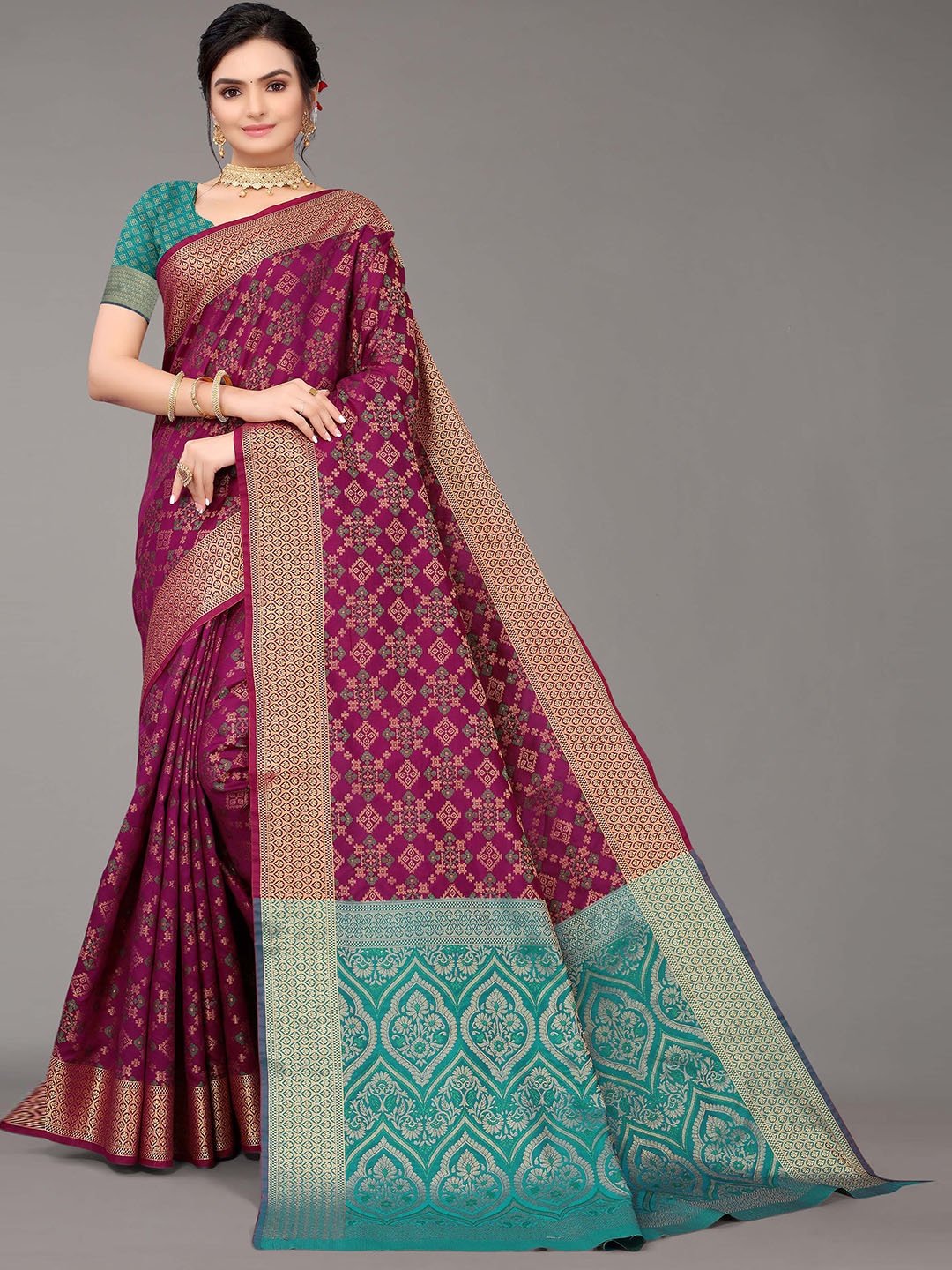 

Mitera Purple & Blue Ethnic Motifs Woven Design Zari Silk Blend Kanjeevaram Saree