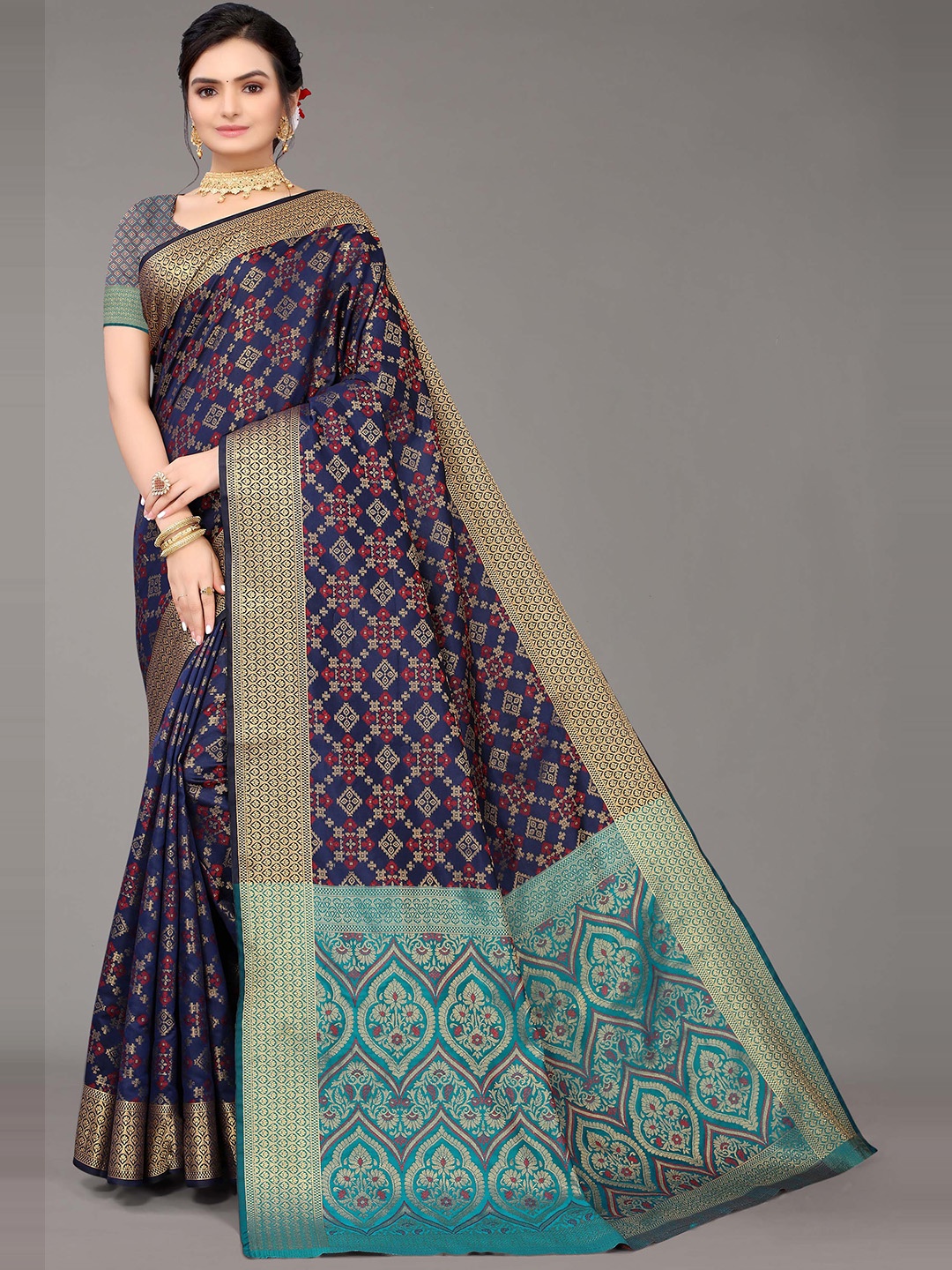 

Mitera Blue & Red Ethnic Motifs Woven Design Zari Silk Blend Kanjeevaram Saree