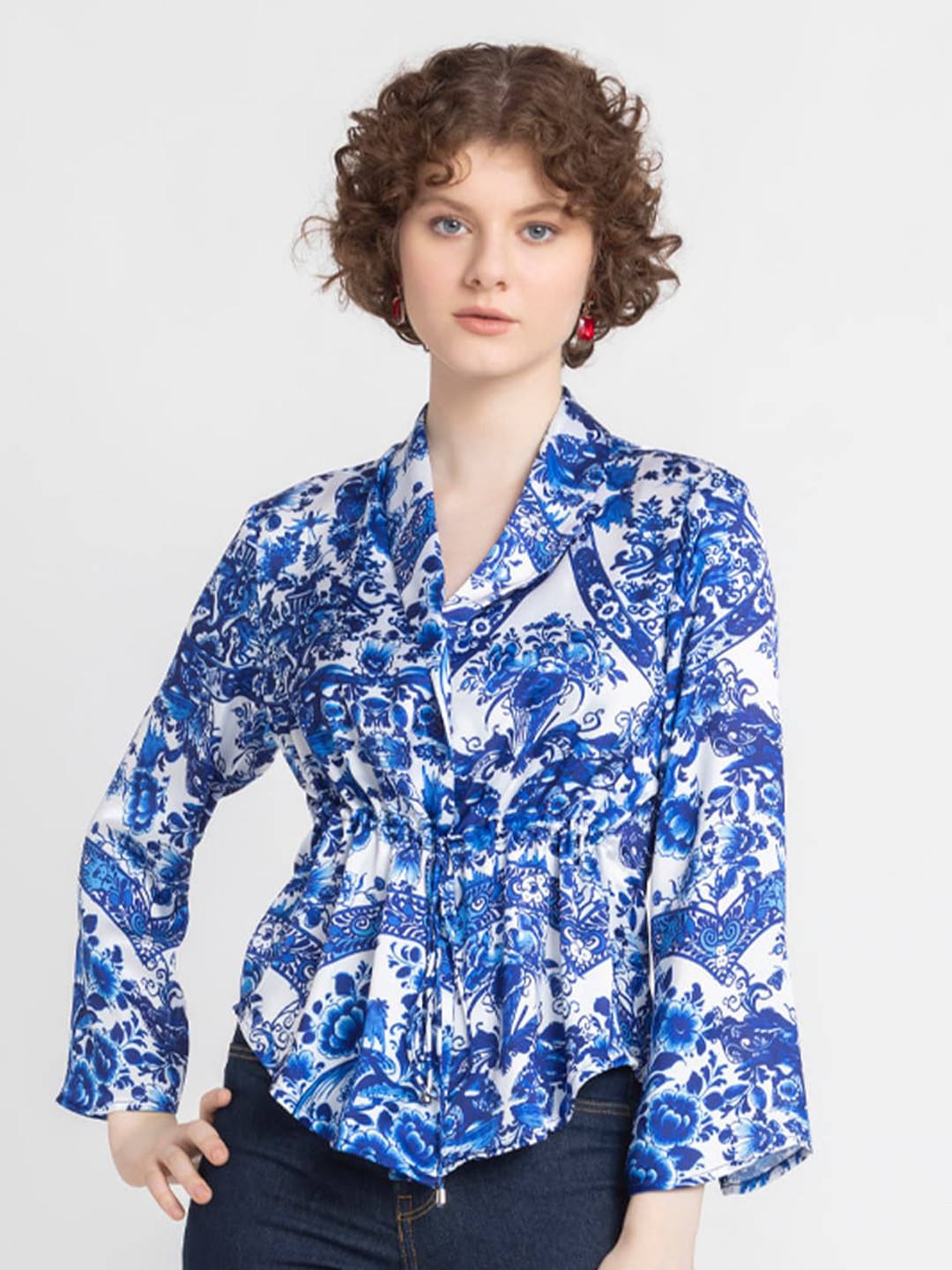 

SHAYE Floral Printed Shawl Collar Shirt Style, Blue