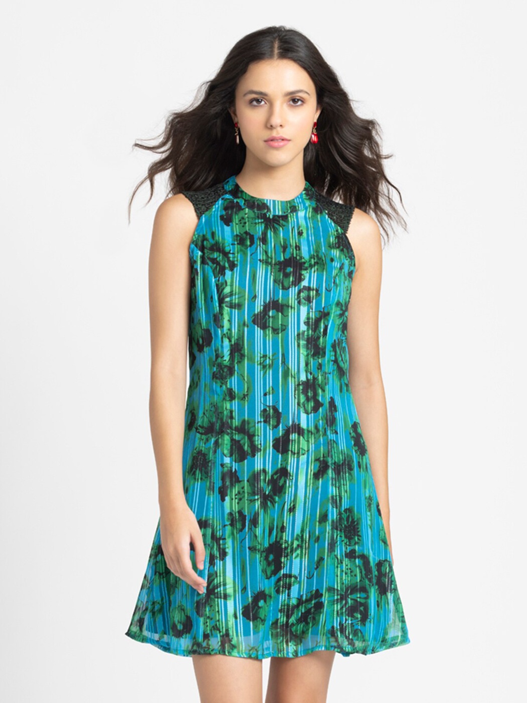 

SHAYE Floral Printed A-Line Dress, Green