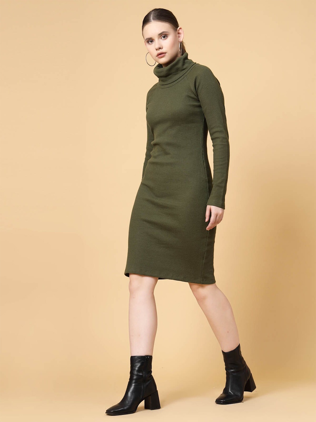 

Rigo High Neck Raglan Sleeves Knitted Sheath Dress, Olive