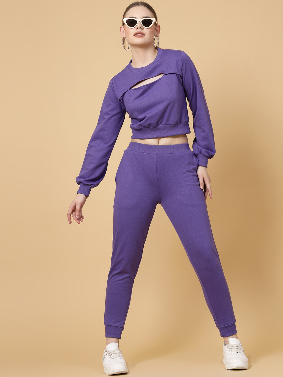 

Rigo Solid Cotton Crop Sweatshirt & Track Pant Tracksuits, Purple