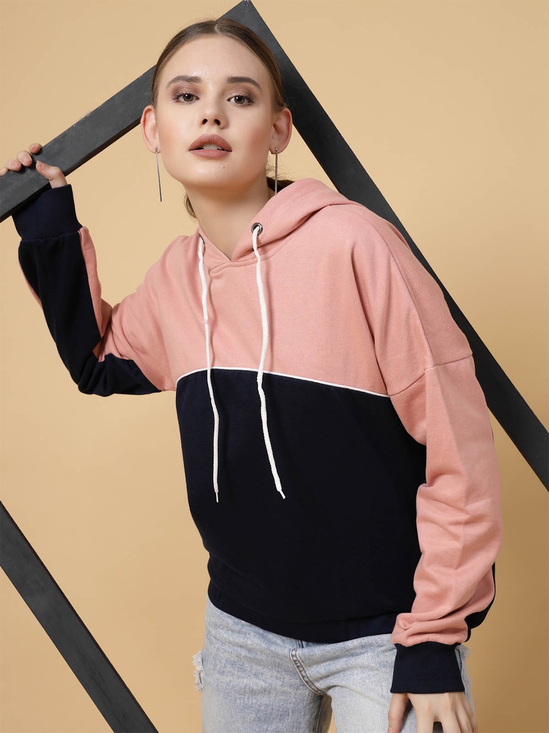 

Rigo Women Colourblocked Hooded Sweatshirt, Peach