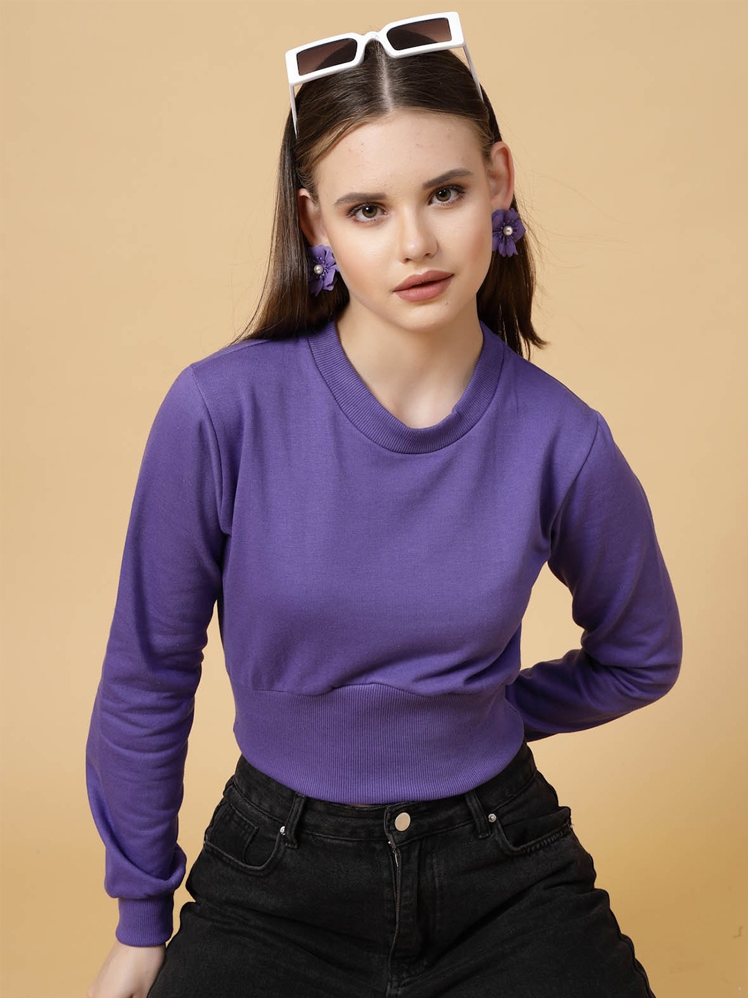 

Rigo Women Solid Crop Sweatshirt, Purple