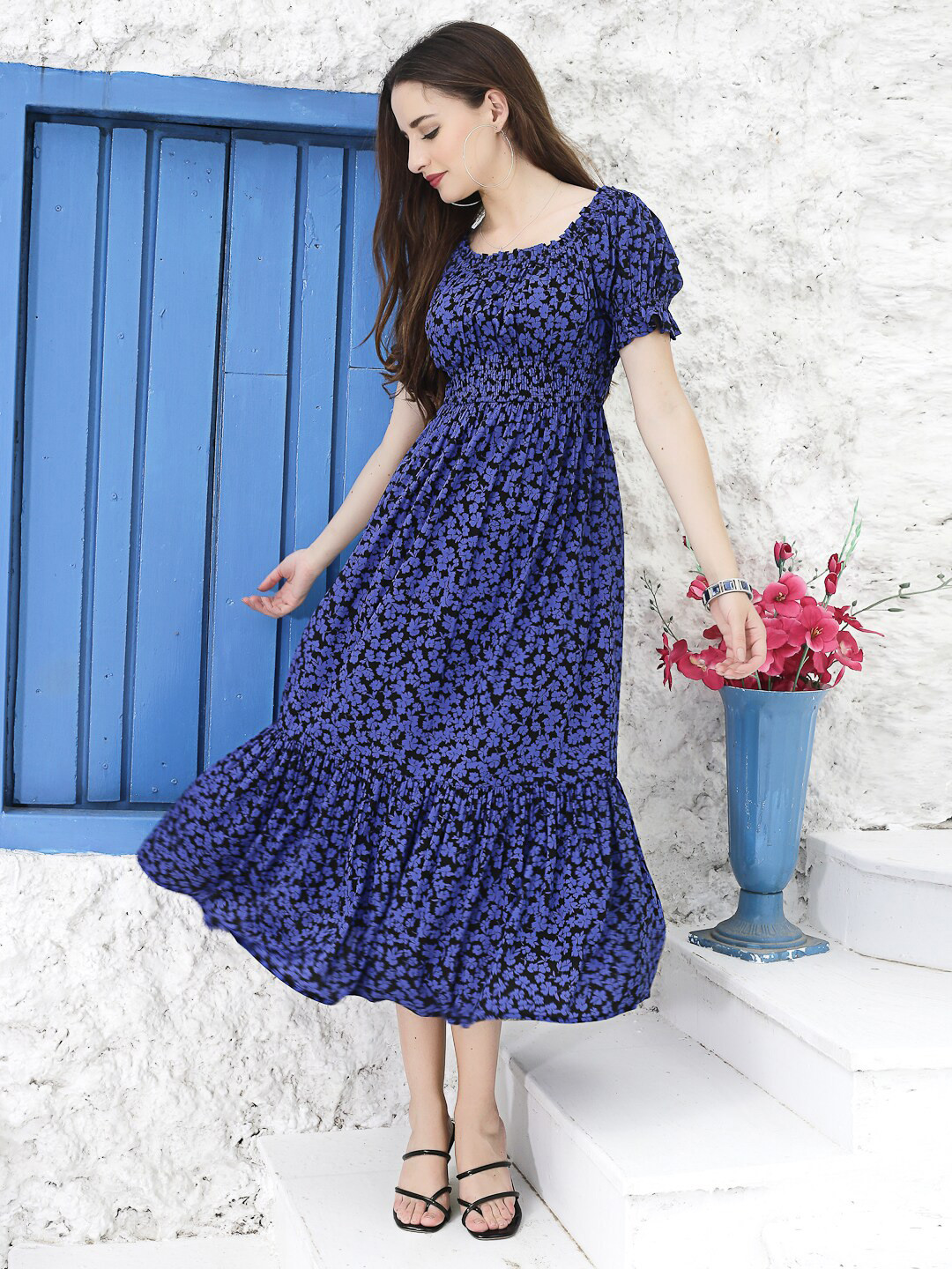 

Sera Floral Printed Fit & Flare Midi Dress, Navy blue