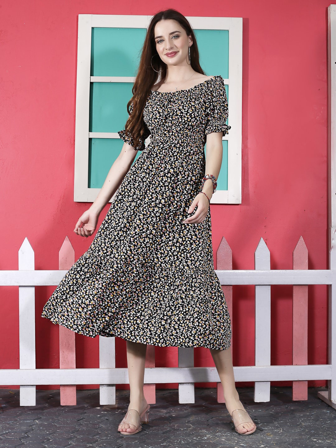 

Sera Black Floral Printed Boat Neck Crepe A-Line Midi Dress