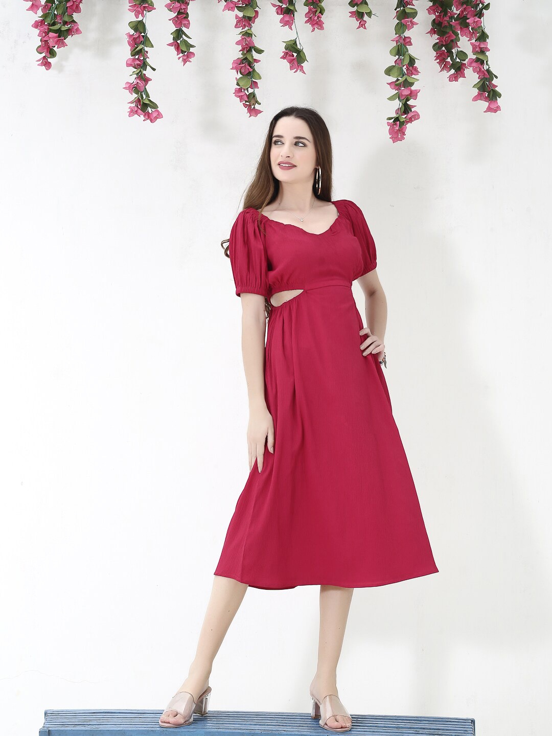 

Sera Fuchsia Pink Puff Sleeves Cut-Out Detailed A-Line Dress