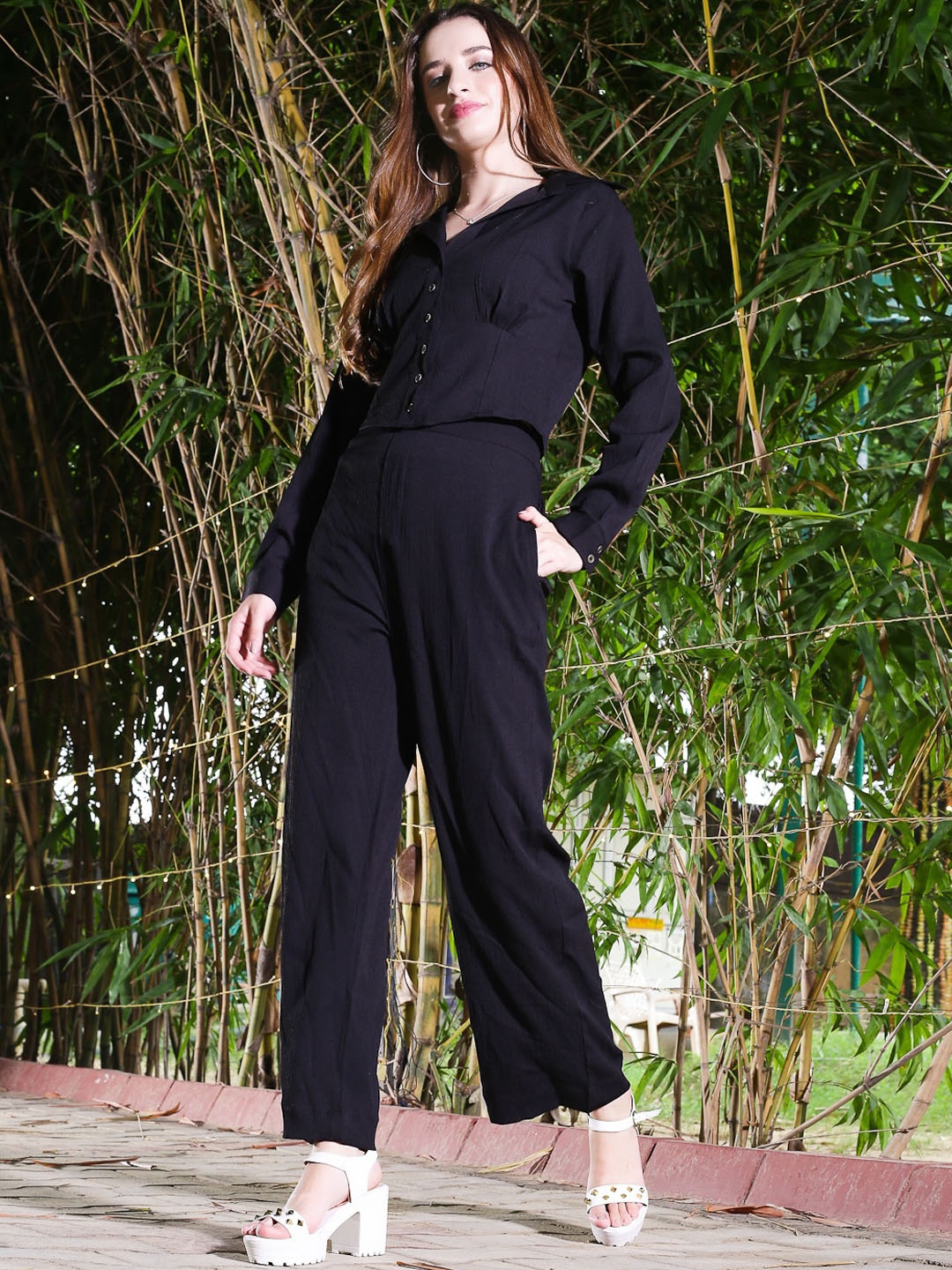 

Sera Shirt Collar Top With Trousers, Black