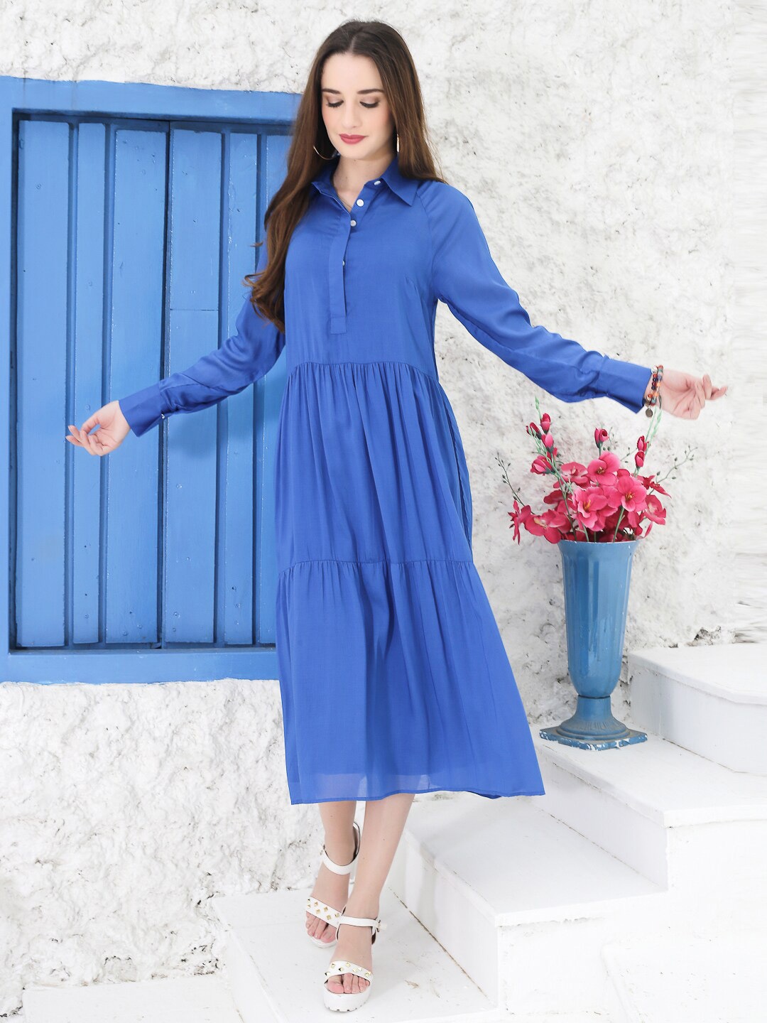 

Sera Blue Tiered Cuffed Sleeve Shirt Dress