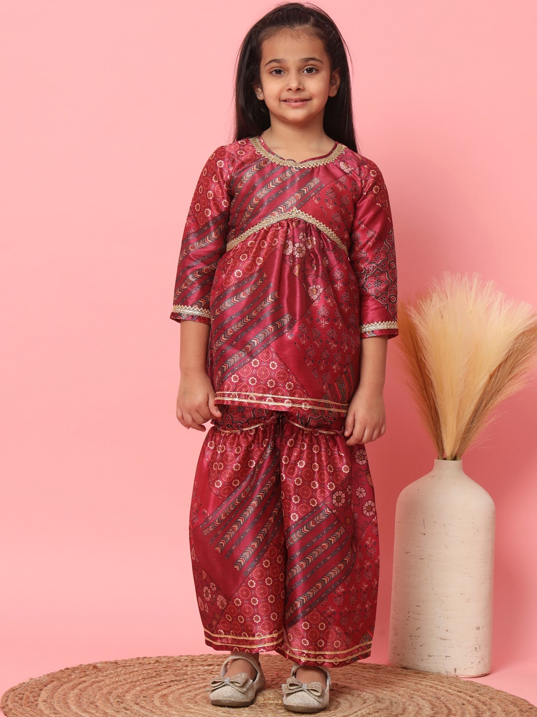 

Readiprint Girls Floral Printed Pleated Gotta Patti A-line Kurta with Sharara, Maroon