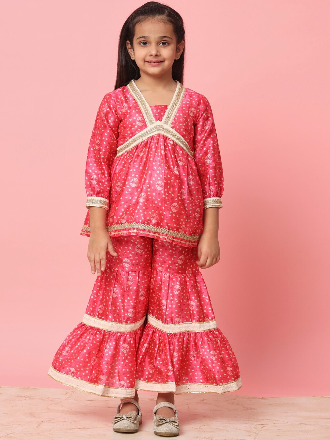 

Readiprint Girls Bandhani Printed Pleated Gotta Patti Kurti with Sharara, Pink