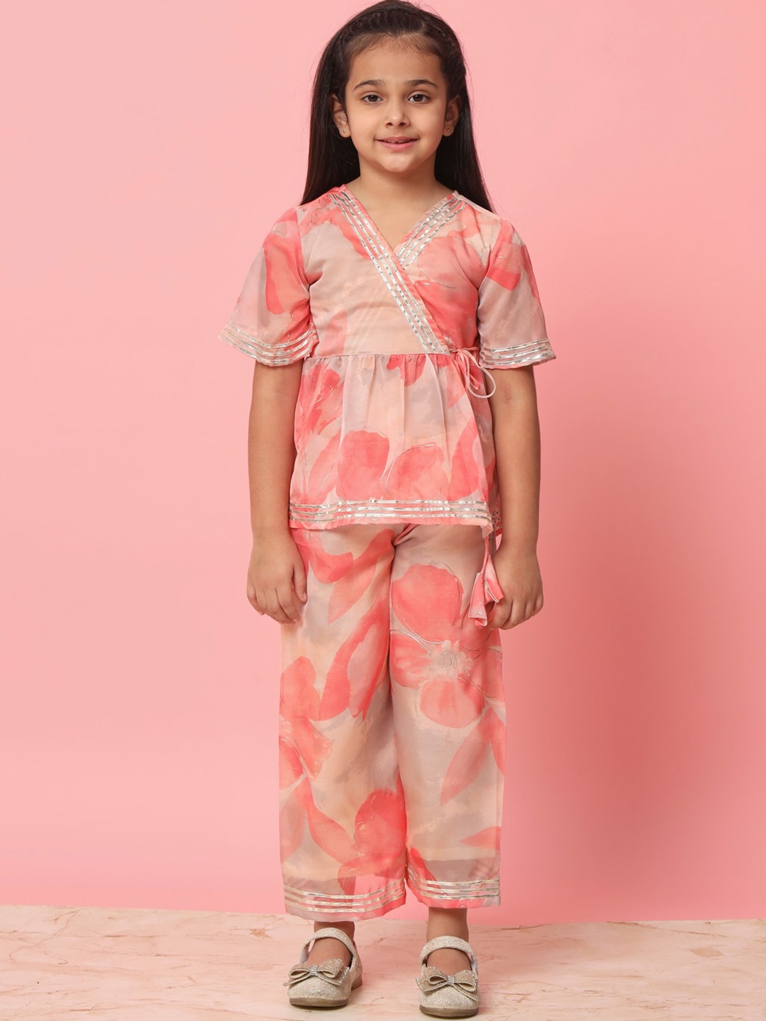

Readiprint Girls Floral Printed Angrakha Gotta Patti Organza Kurti with Palazzos, Peach