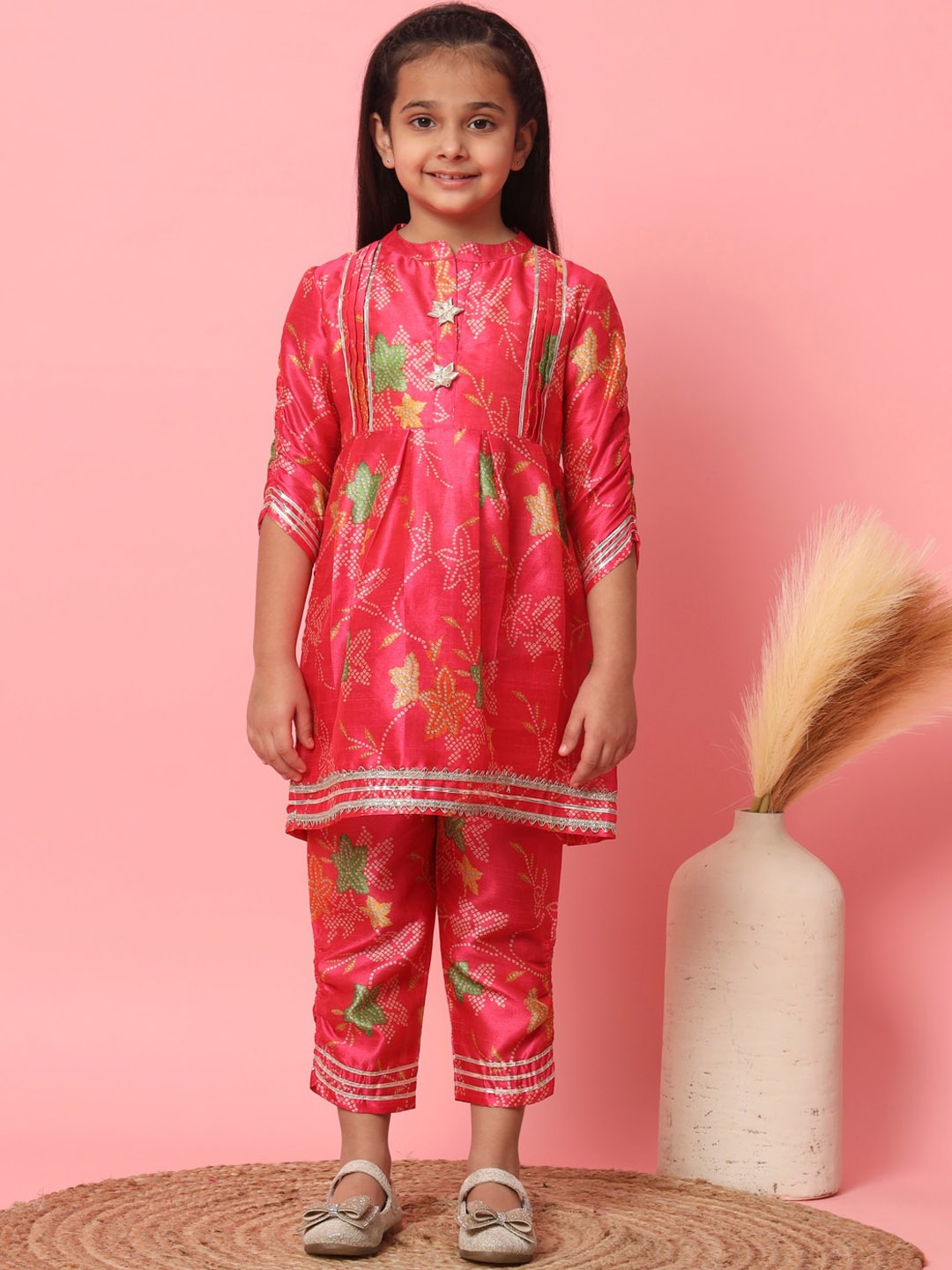 

Readiprint Fashions Girls Bandhani Printed Regular Gotta Patti Kurti With Pyjamas, Pink