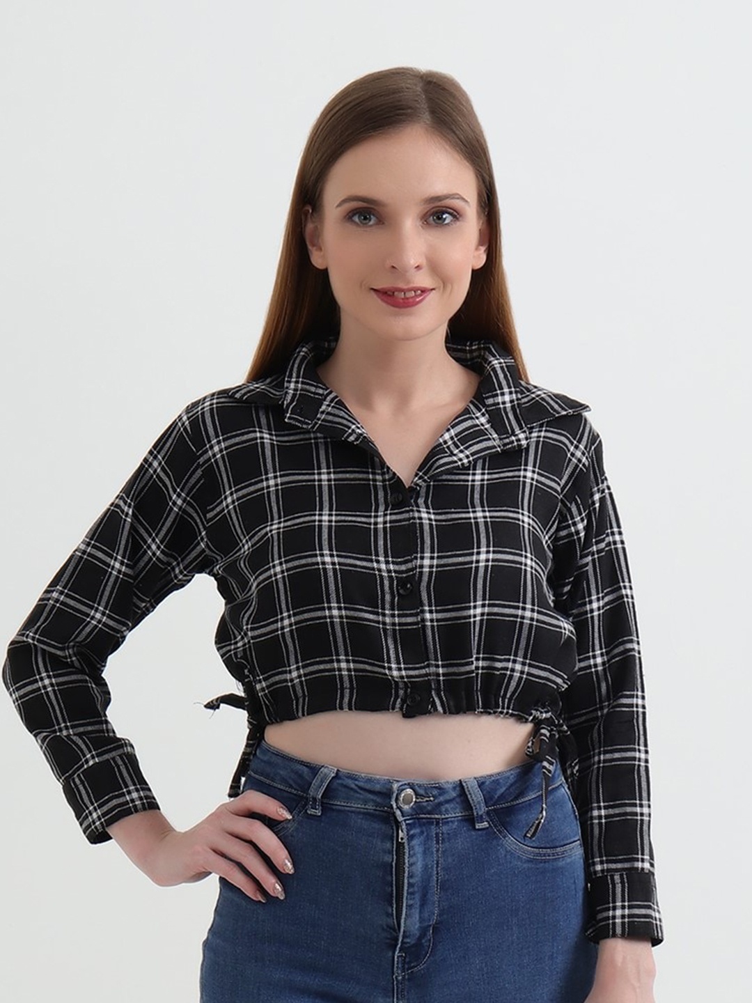 

DKGF FASHION Checked Comfort Cotton Crop Casual Shirt, Black