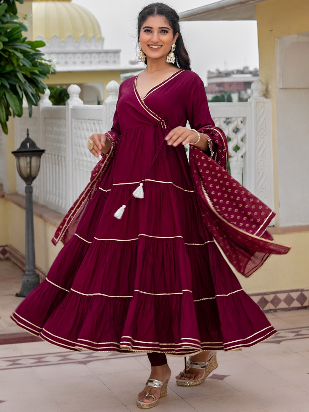 

KASYA Angrakha Gotta Patti Kurta With Trousers & Dupatta, Burgundy