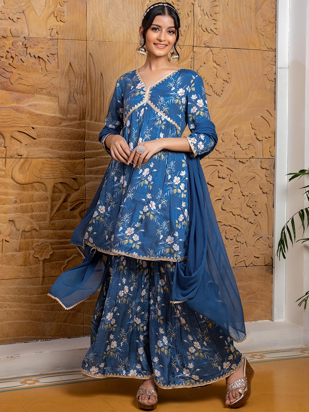 

KASYA Floral Printed Empire Gotta Patti Kurta With Sharara & Dupatta, Blue