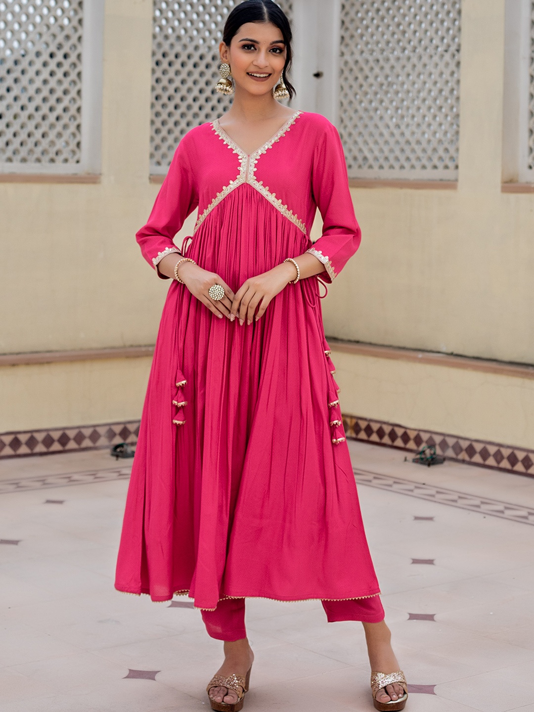 

KASYA Gotta Patti Empire Anarkali Kurta with Trousers, Pink