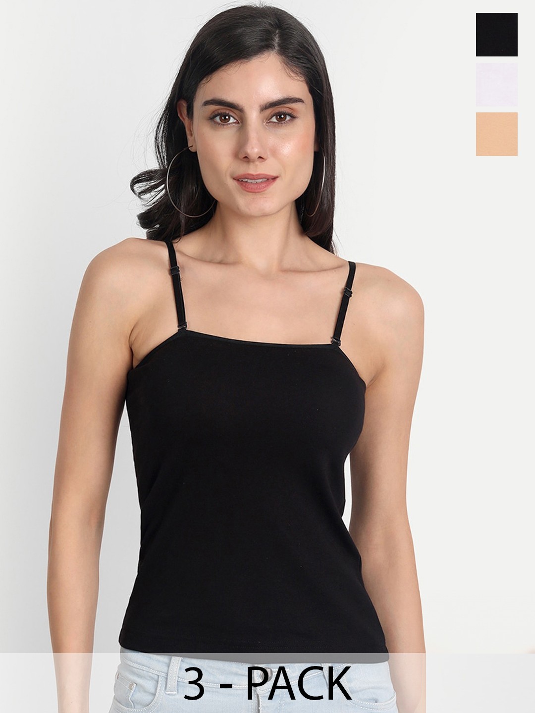 

Aimly Pack Of 3 Non-Padded Cotton Extra Transparent Removable Strap Camisoles, Black