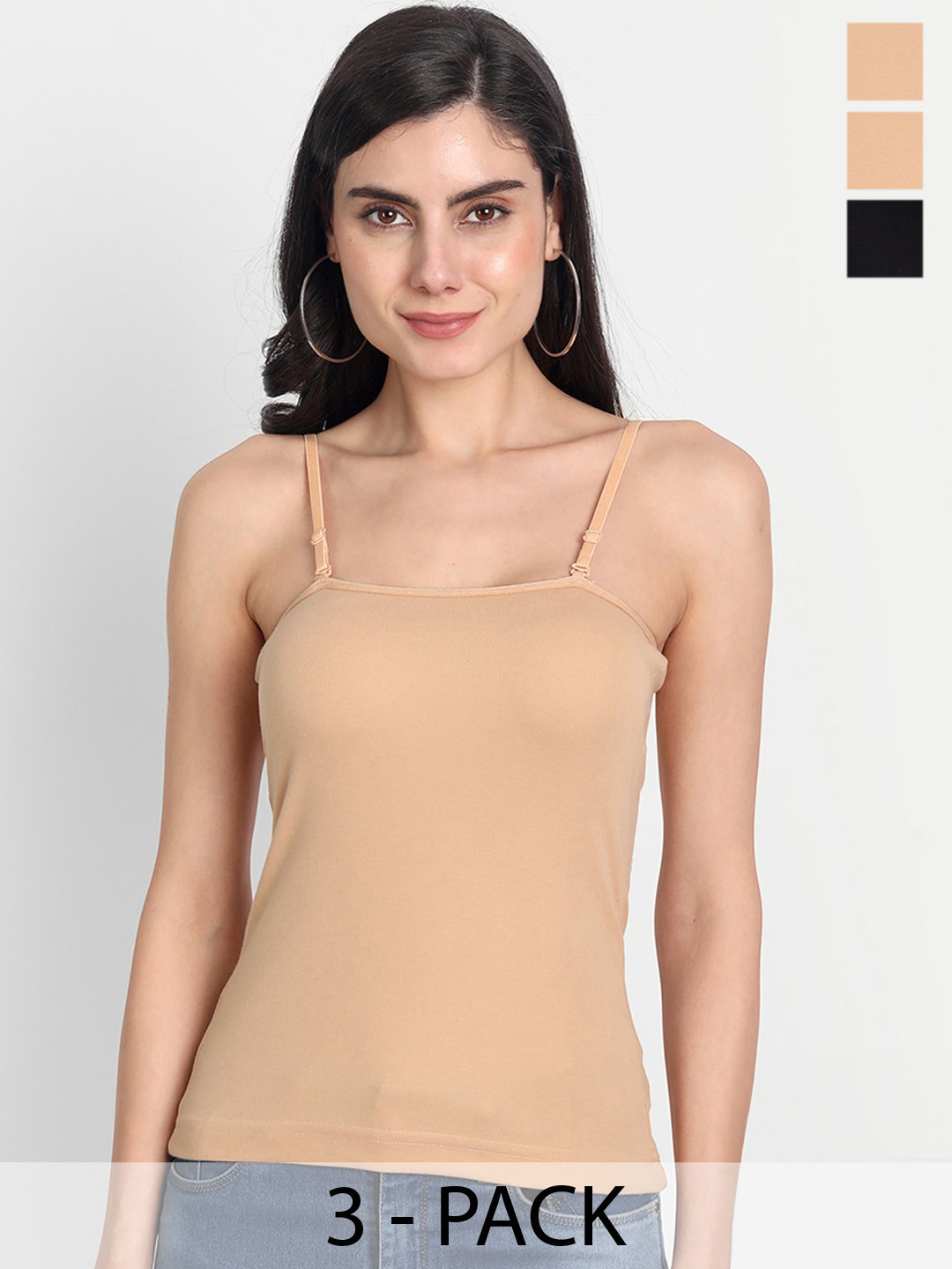 

Aimly Pack Of 3 Non-Padded Cotton Extra Transparent Removable Strap Camisoles, Beige