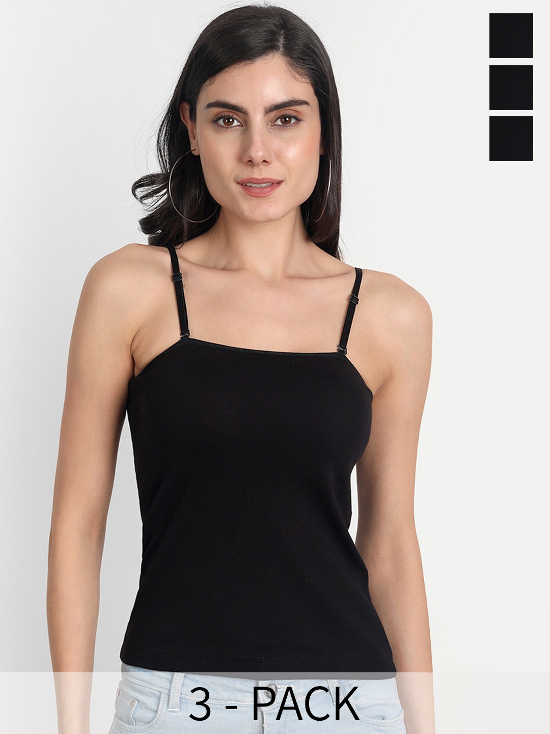

Aimly Pack Of 3 Non-Padded Cotton Extra Transparent Removable Strap Camisoles, Black