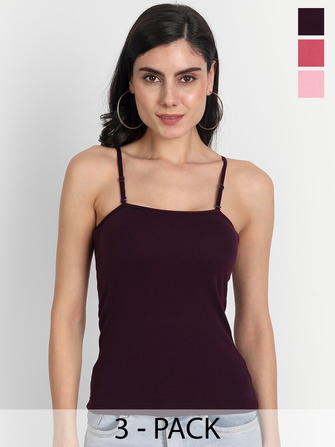 

Aimly Pack Of 3 Non-Padded Cotton Extra Transparent Removable Strap Camisoles, Burgundy