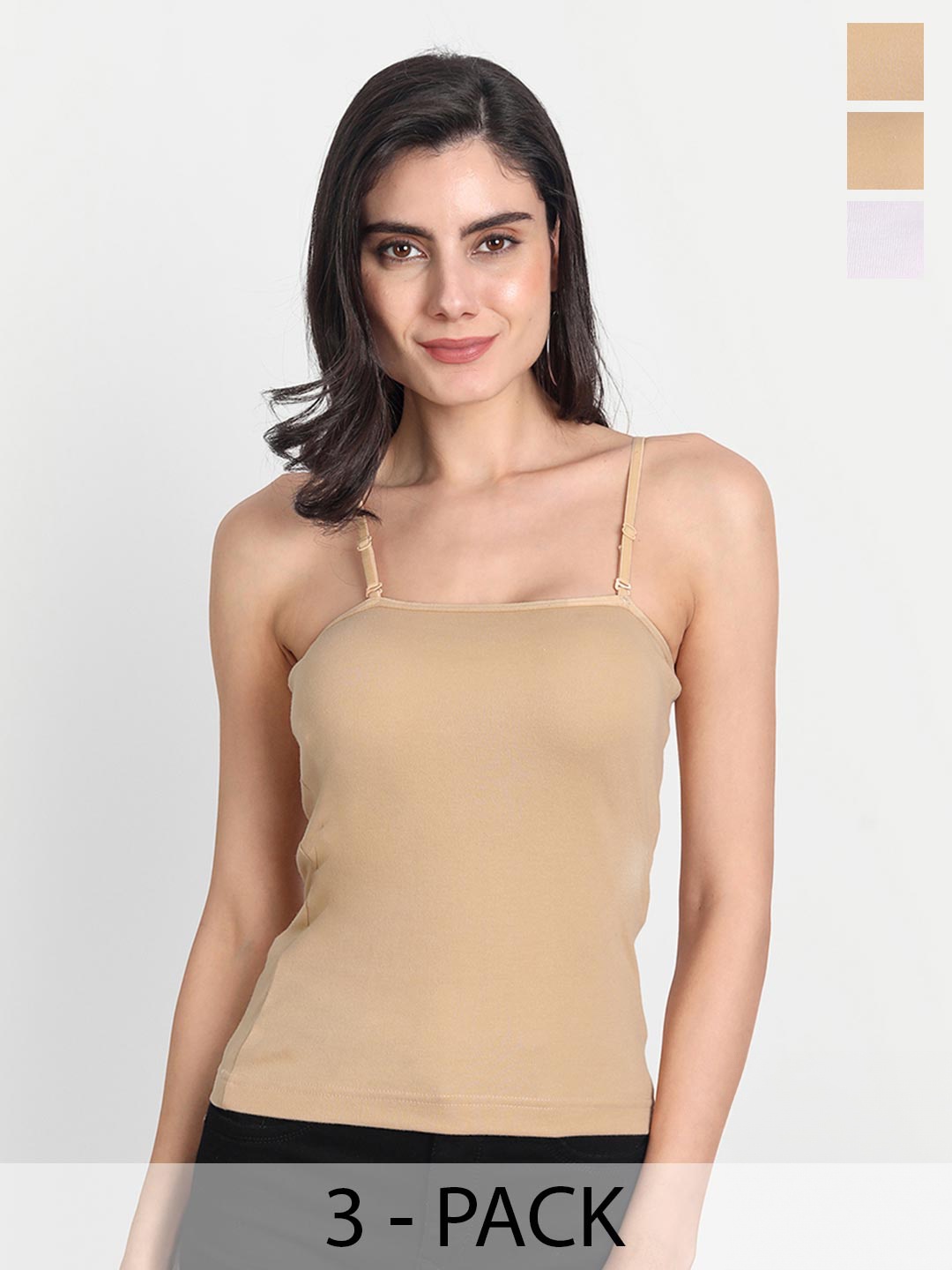 

Aimly Pack Of 3 Non-Padded Cotton Extra Transparent Removable Strap Camisoles, Beige