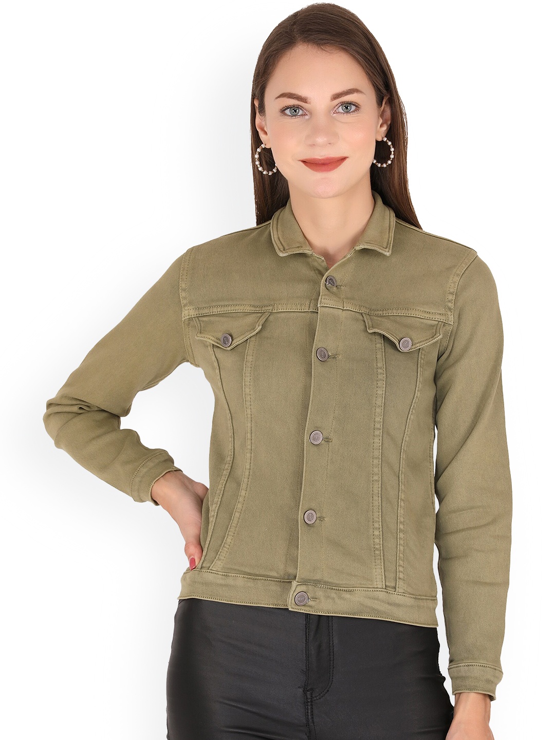 

MM-21 Spread Collar Long Sleeves Lightweight Denim Jacket, Green