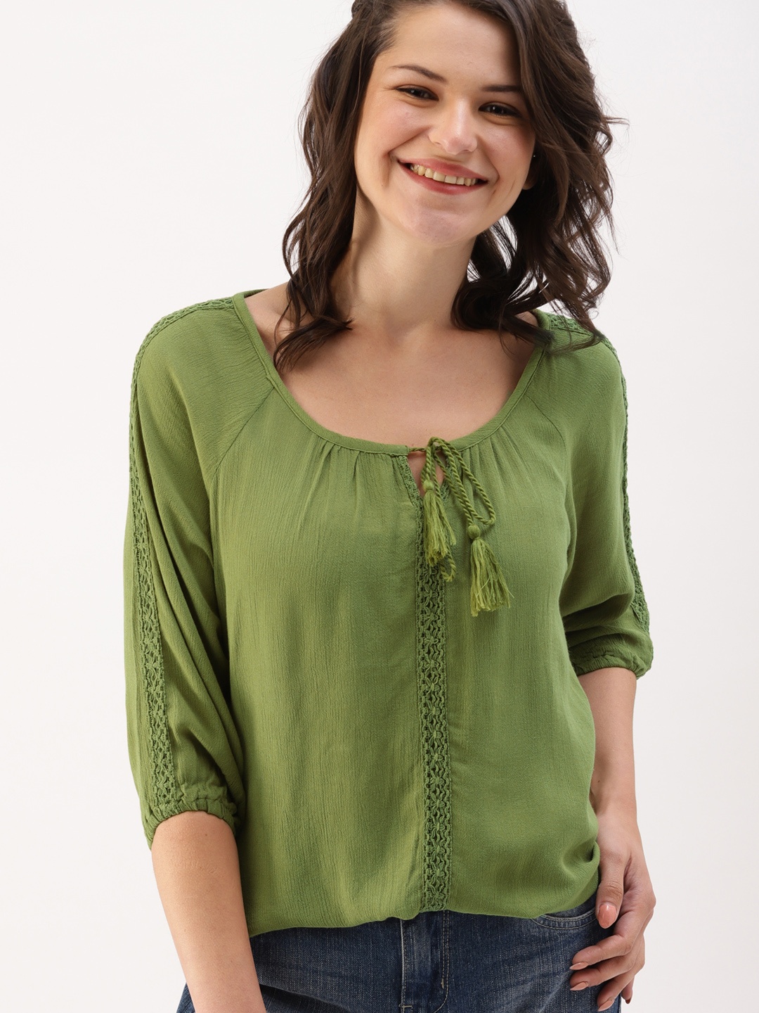 

DressBerry Women Olive Green Solid Blouson Top