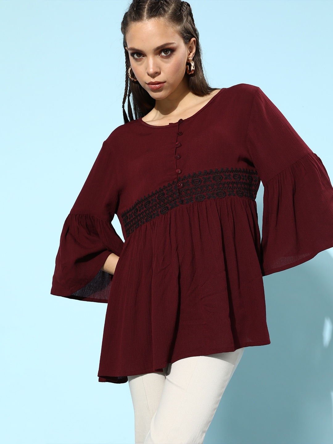 

DressBerry Women Deep Burgundy Solid Bell Sleeves Top